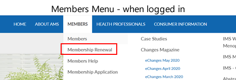 Members menu logged in view